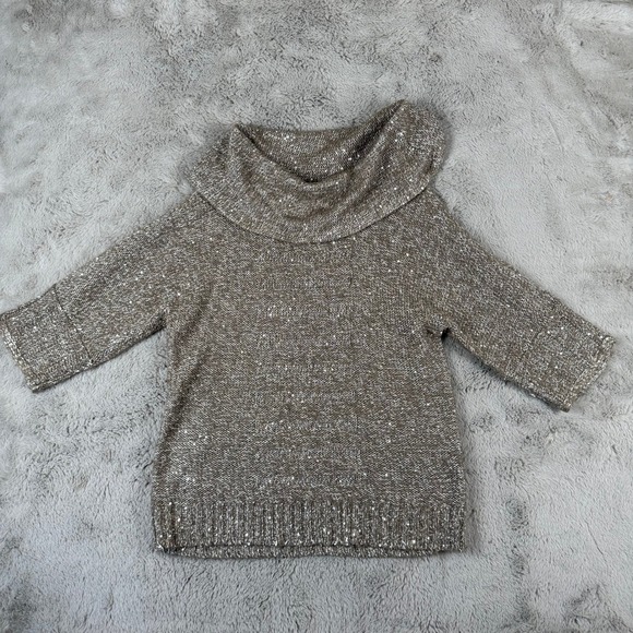 Chico's Sequin Cowl Neck Sweater Sparkly Knit Pullover Top Neutral Size 1‎ - Picture 1 of 6